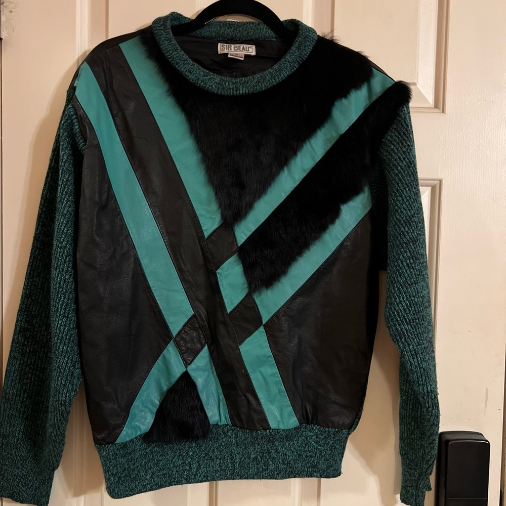 Vintage men’s wool, leather and fur sweater
